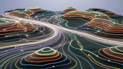 Multicolored topographic map with glowing neon lines and hills on dark surface viewed from low angle