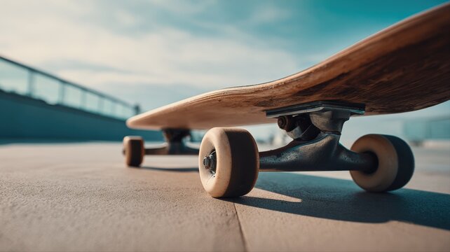 Skateboard Ready for Action: Close-Up View of Deck, Wheels, and Truck on Concrete Surface - Powered by Adobe