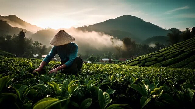 Tea industry. Tea leaves. Plantation. Culture. A woman in traditional attire and conical hat tending to tea plants in a lush green tea plantation.