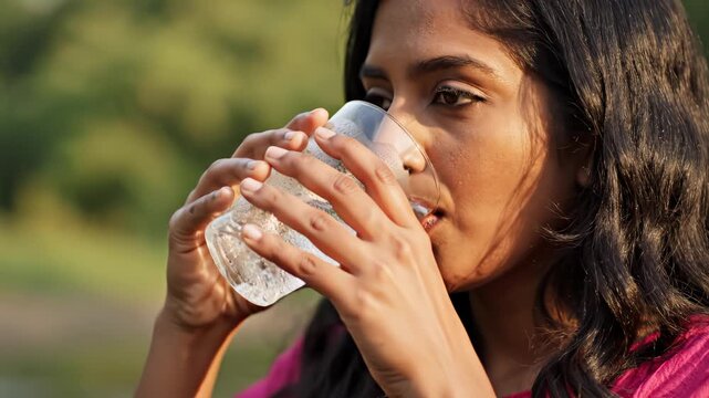 Woman drinking water outdoors