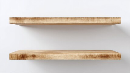 Obraz premium Two Floating Wooden Shelves Mounted on a White Wall, Ideal for Product Display