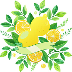 banner illustration a lot of lemons and green leaves, watercolor picture on a white background. Detox and refreshing concept.