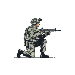 Kneeling Soldier with Rifle, Military Combat Gear, Tactical Action