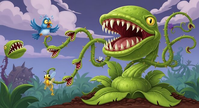Carnivorous plant with multiple heads attacks small creatures in jungle.