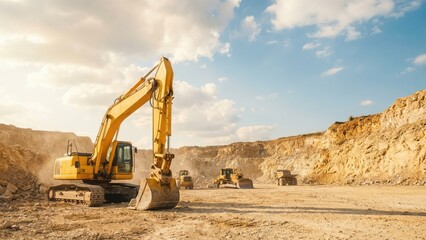Yellow excavator working in a quarry. Heavy machinery for mining and construction industry. Stone open pit quarry landscape