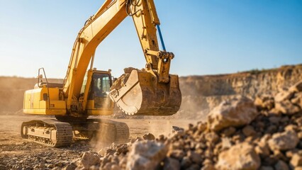 Yellow excavator moving dirt in a quarry. Heavy machinery working in construction site. Industrial earthwork for mining and building projects