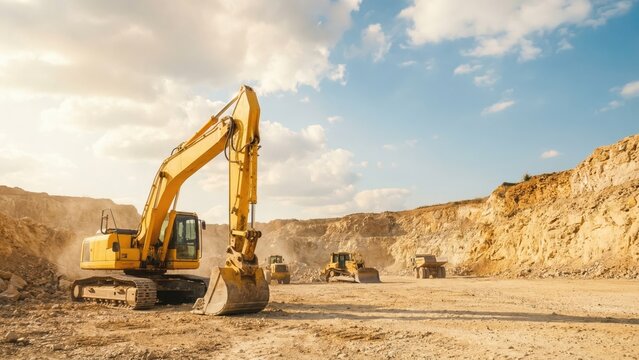 Yellow excavator working in a quarry. Heavy machinery for mining and construction industry. Stone open pit quarry landscape