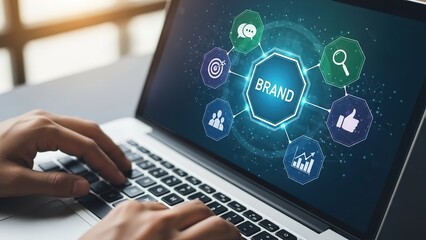 Professional person working on laptop with brand management icons displayed on screen highlighting marketing and digital communication strategies
