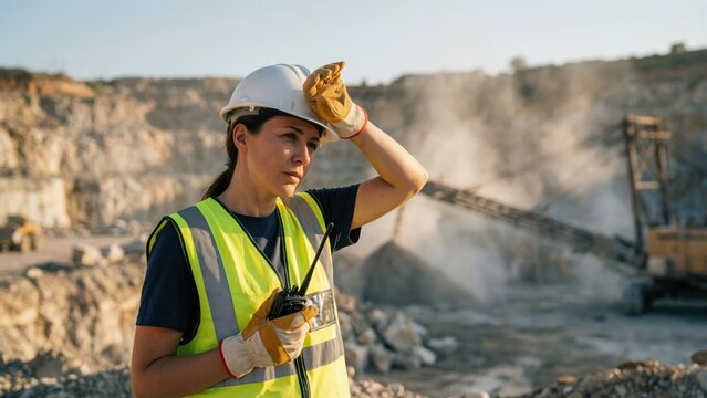 Woman quarry worker in hardhat wiping brow, holding radio. Female engineer at mining site with heavy equipment, industrial safety concept