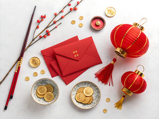 High-quality 8K illustrations and realistic images of Chinese and Vietnamese Lunar New Year decorations, toys, bonsai trees, lanterns and banh chung, isolated on white or transparent background, perfe