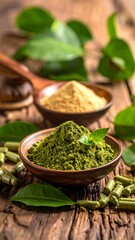 Close-up shot of green and beige powders in bowls with capsules and greenery on a rustic wooden surface