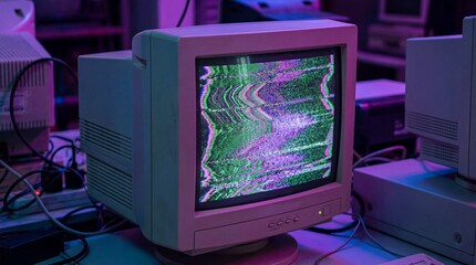Old school CRT monitor displaying green and purple static noise. Retro computer screen with glitch effect symbolizing data error and technology