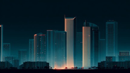 Illuminated Cityscape at Dusk Modern Skyscrapers in Geometric Pixel Art Style.