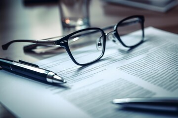 Reading glasses and a pen resting on a document with text, representing business and legal concepts