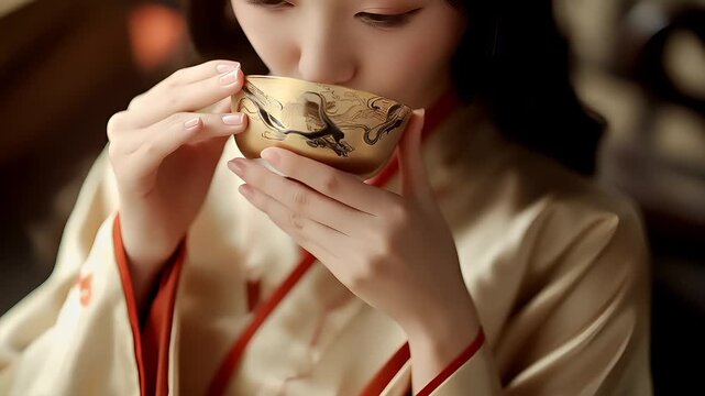 Tea industry. Tea leaves. Plantation. Culture. A closeup of a woman in a traditional Chinese robe holding a cup of tea. The womans face is partially visible, with her lips slightly parted.