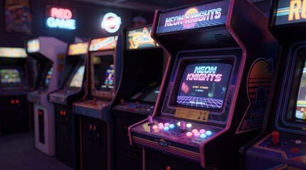 Retro gaming arcade machine with neon lights. Vintage electronic entertainment for nostalgic childhood memories and fun