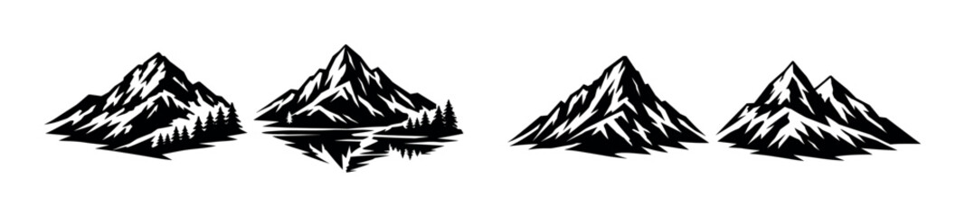 Fototapeta premium Mountain landscapes vector icons set with alpine peaks, silhouettes, nature symbols