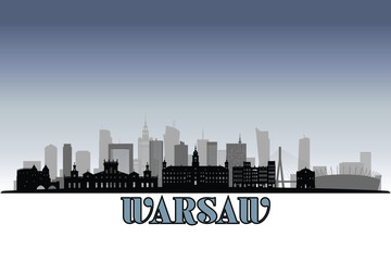 Fototapeta premium Global city Warsaw shown in a detailed vector skyline with grey rainy sky