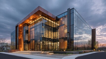 Modern Glass and Copper Building at Sunset Architectural Design with Exterior View.