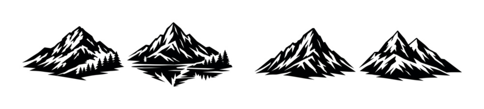 Mountain landscapes vector icons set with alpine peaks, silhouettes, nature symbols