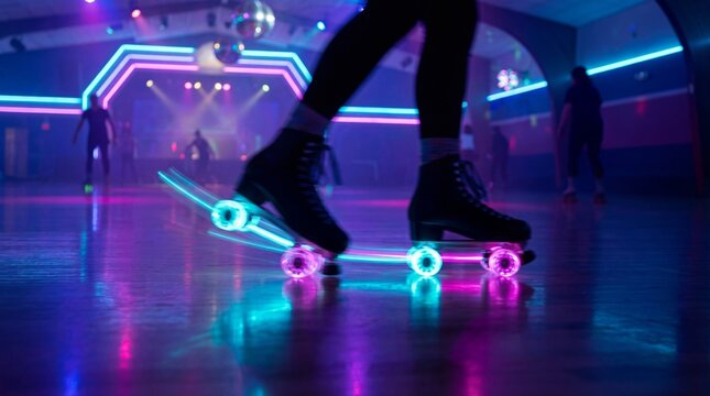 Woman on roller skates with glowing wheels at roller rink. Disco neon light party retro vibe with synthwave aesthetic for entertainment