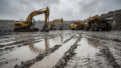 Wet quarry ground with heavy construction equipment on rainy day. Industrial site mud and puddles from rain. Mining and earthmoving concept, industrial work