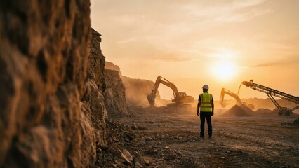 Man in hard hat, safety vest in quarry at sunset. Worker oversees mining operation, heavy machinery, excavator, rock crushing equipment