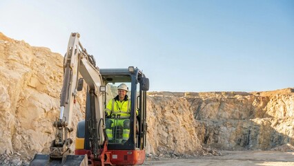 Obraz premium Smiling man operating an excavator in a quarry. Industrial construction site with heavy machinery for mining and earthwork