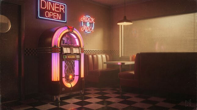 Vintage jukebox with glowing lights inside a retro diner. Classic interior with checkered floor and neon sign for a throwback atmosphere