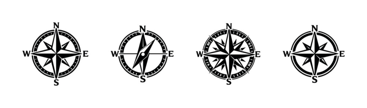 Compass rose vector icons set with windrose and cardinal direction symbols
