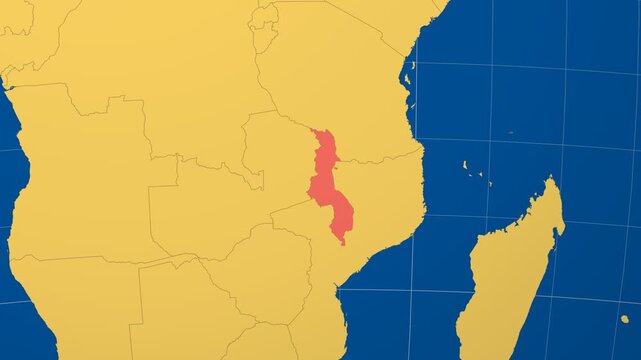 Malawi on Globe. Animated zoom into the country in Ocean Blue Golden Yellow color palette. Malawi logo animation. Map with meridians, parallels. Beautiful video.