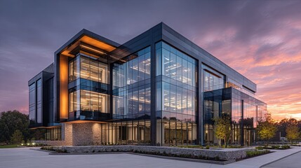 Modern Glass Building at Sunset  Architecture Exterior with Dramatic Sky and Landscape.