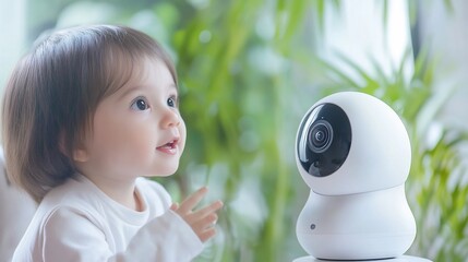 Captivating Curiosity: Baby Interacting with Modern Home Security Camera