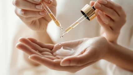 Hands applying skincare oil to cream