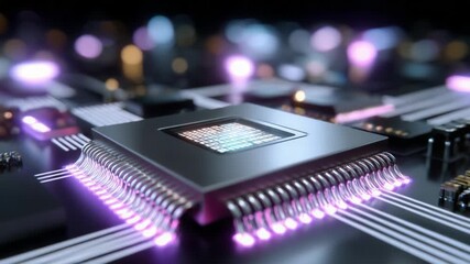 A close-up view of a modern microprocessor chip illuminated with vibrant lights, showcasing intricate circuit designs and connections on a high-tech motherboard, emphasizing advanced technology and - Powered by Adobe