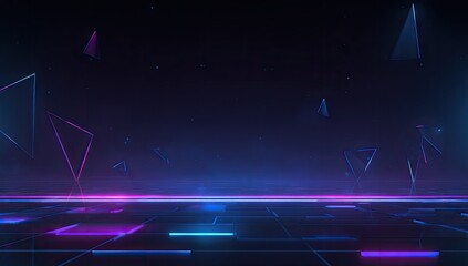 Neon triangles float above a grid floor in a futuristic digital, abstract dark scene