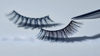 A pair of fake eyelashes are being applied with a pair of tweezers