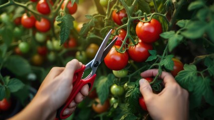 Hands harvesting tomatoes from a vine