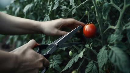 Hands harvesting a tomato