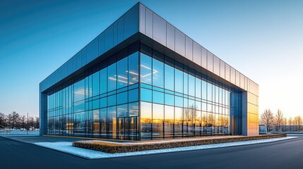 Fototapeta premium Modern Glass Building Under Sunrise Sky, Showcasing Innovative Architecture and Sleek Design with Reflective Facades and Clean Lines