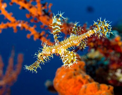 Ornate ghost pipefish swims amid coral; vibrant colors, intricate patterns, marine life