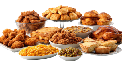 southern comfort food feast with fried chicken biscuits cornbread sides and roasted turkey isolated on white background