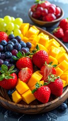 Colorful assortment of grapes, mango, blueberries, and strawberries artfully arranged on a wooden board on a dark surface
