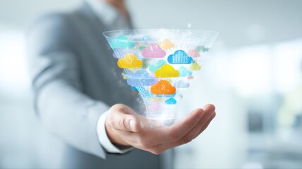 Businessman Presenting Cloud Computing Funnel Illustrating Data Conversion and Filtering for Modern IT Solutions