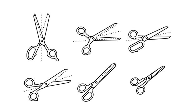 Black Scissors Vector Icon Set with Cut Lines in Flat Style for Web and UI