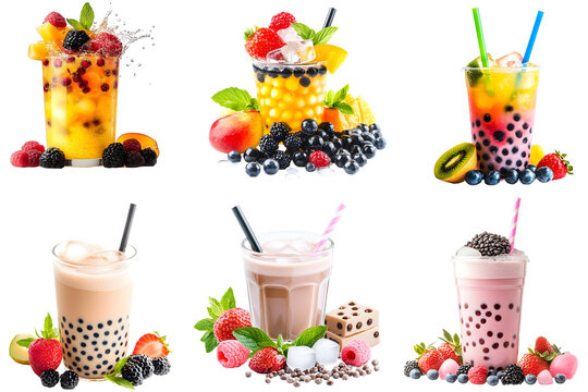 Set of colorful bubble tea and fruit smoothies with boba pearls and fresh berries on transparent background