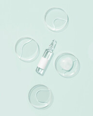 Glass Ampoule with Blank White Label Surrounded by Petri Dishes. Concept of Clinical Skincare, Pharmaceutical Research, and Professional Laboratory Standards for Health and Beauty Branding
