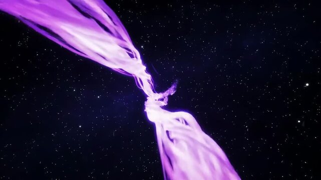 Abstract purple energy streams flow through a star-filled cosmic space, creating a dynamic visual.