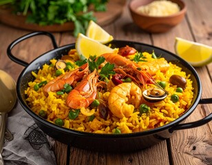 Paella colorful saffron rice dish seafood chicken traditional Spanish cuisine Mediterranean food photography
