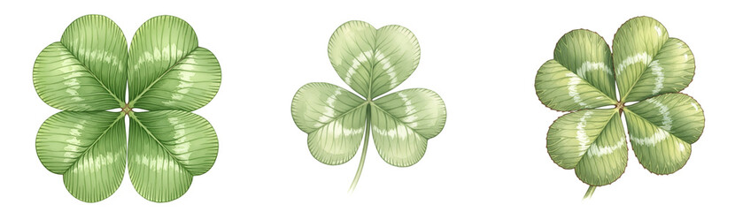 Three green four-leaf clovers on transparent background